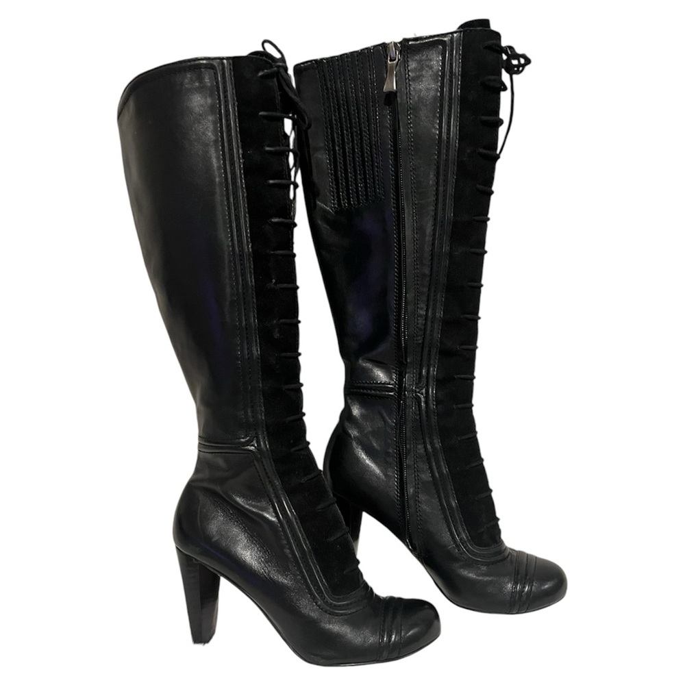 MAX STUDIO knee high heeled boots suede front panel leather front lace up Sz 4